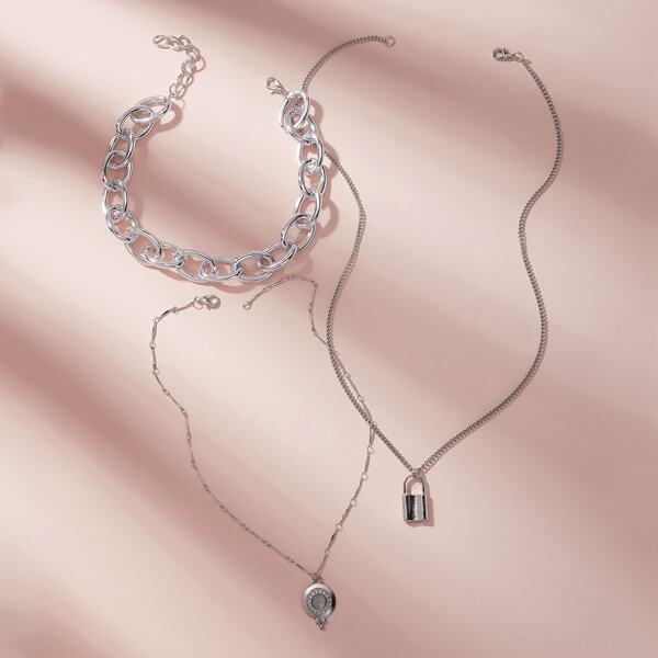

Lock & Rhinestone Decor Round Pendant Necklace 3pcs, Silver