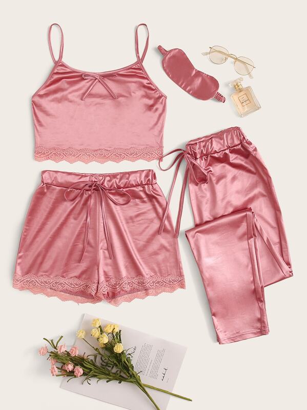 

4Pcs Lace Trim Satin Cami PJ Set With Eye Mask, Pink