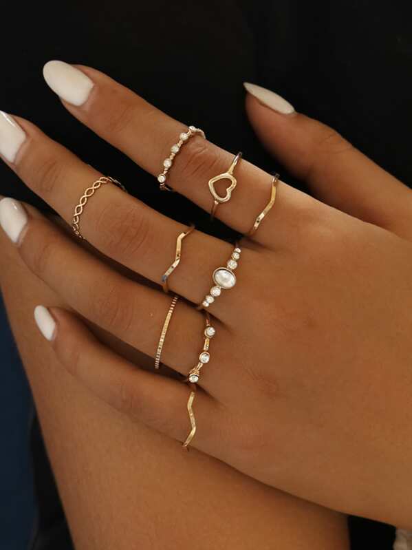 

Heart & Rhinestone Engraved Ring 9pcs, Gold