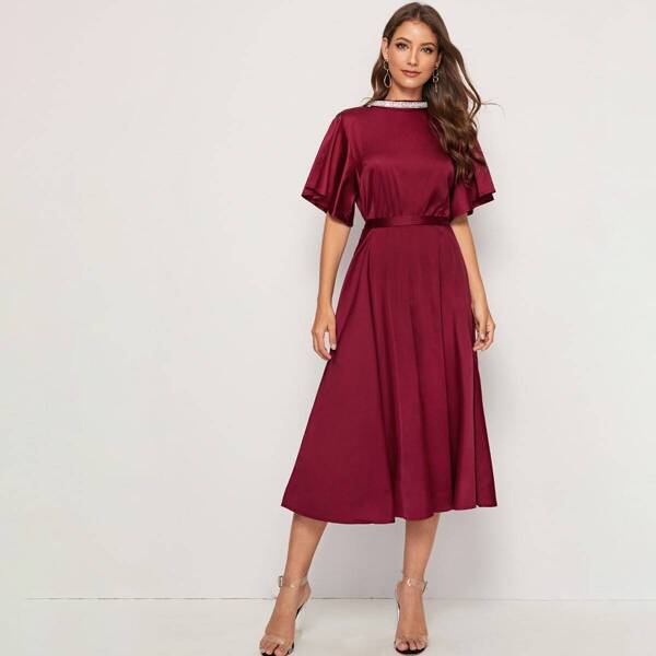 

Flounce Sleeve Tie Back Belted Satin Dress, Burgundy