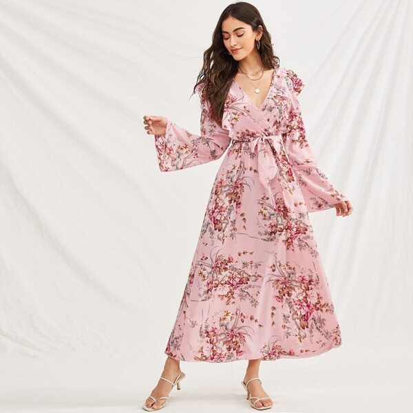 

Floral Print Ruffle Trim Belted Dress, Pink pastel