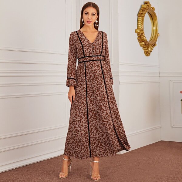 

Floral Button Front Contrast Binding Dress, Rust brown
