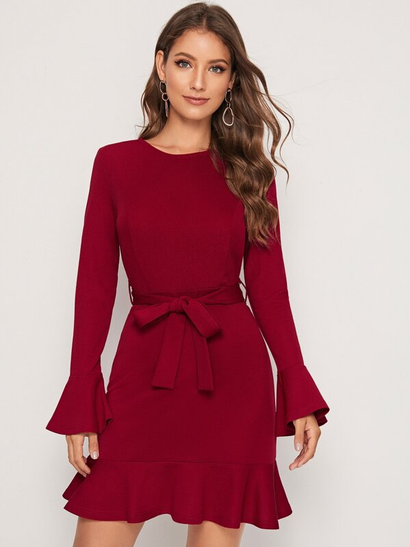 

Flounce Hem Belted Dress, Burgundy, Debi Cruz