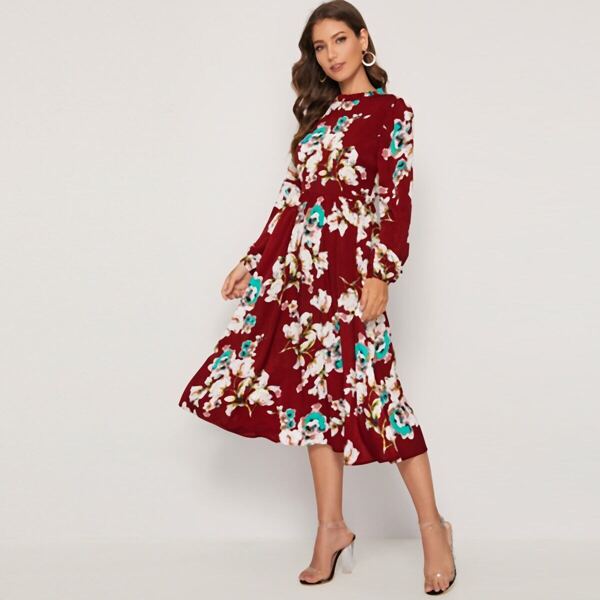 

Floral Bishop Sleeve Frill Trim Dress