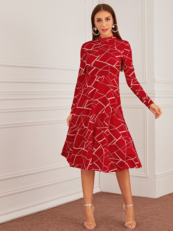 

Graphic Keyhole Back Fit & Flare Dress, Red, Hanna