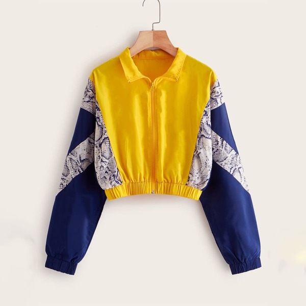 

Snakeskin Print Colorblock Windbreaker Jacket, Multicolor