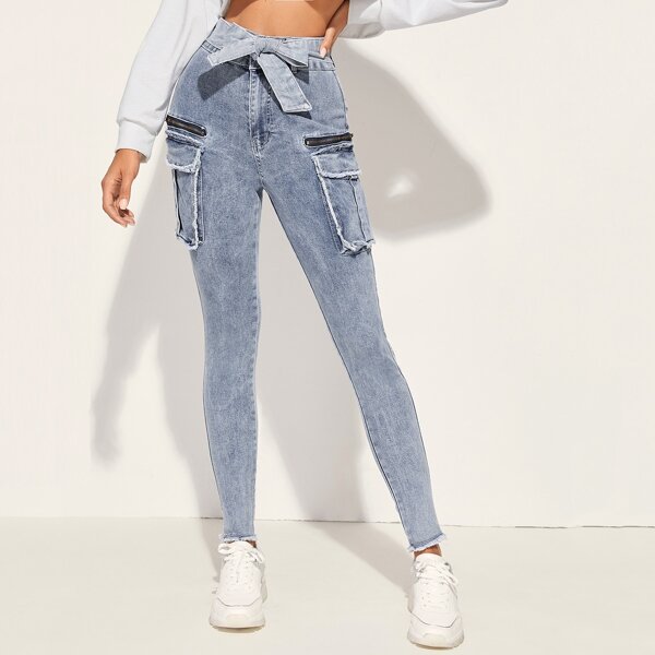 

Raw Hem Pocket Patch Belted Jeans, Blue pastel