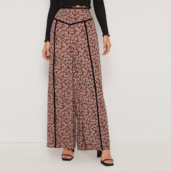 

Floral Contrast Piping Wide Leg Pants, Multicolor