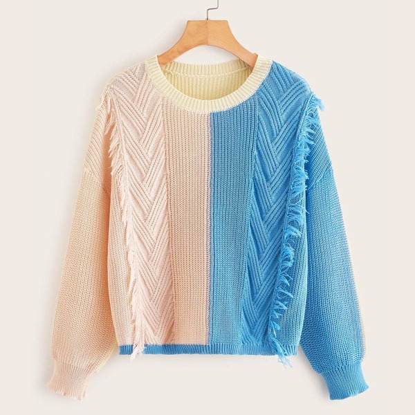 

Colorblock Fringe Trim Drop Shoulder Sweater