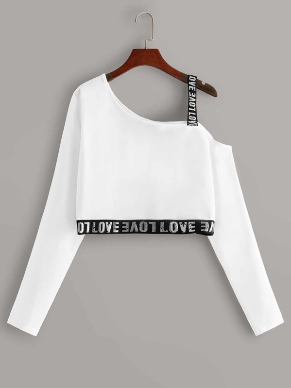 

Asymmetrical Neck Letter Tape Sweatshirt, White