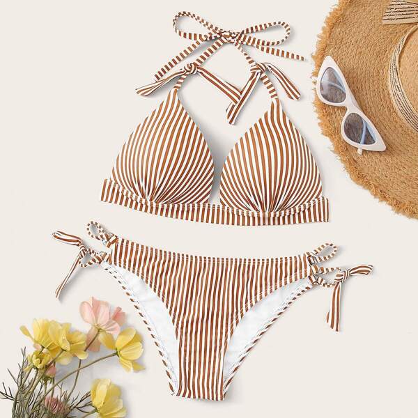 

Striped Halter Top With Tie Side Bikini Set