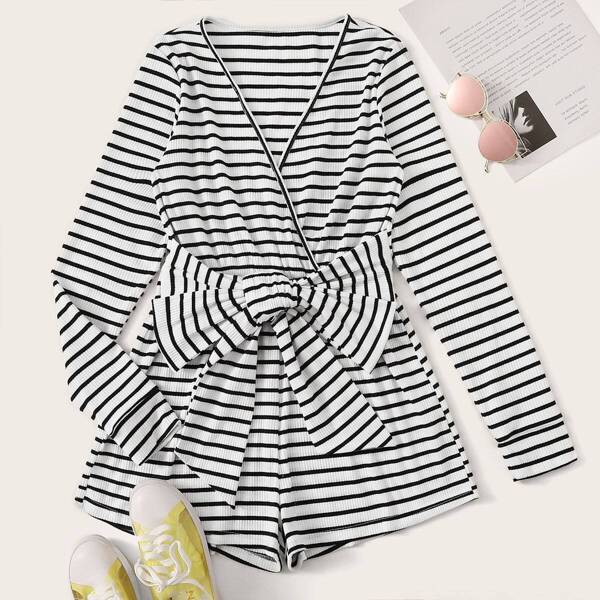 

Tie Front Rib-knit Stripe Surplice Romper