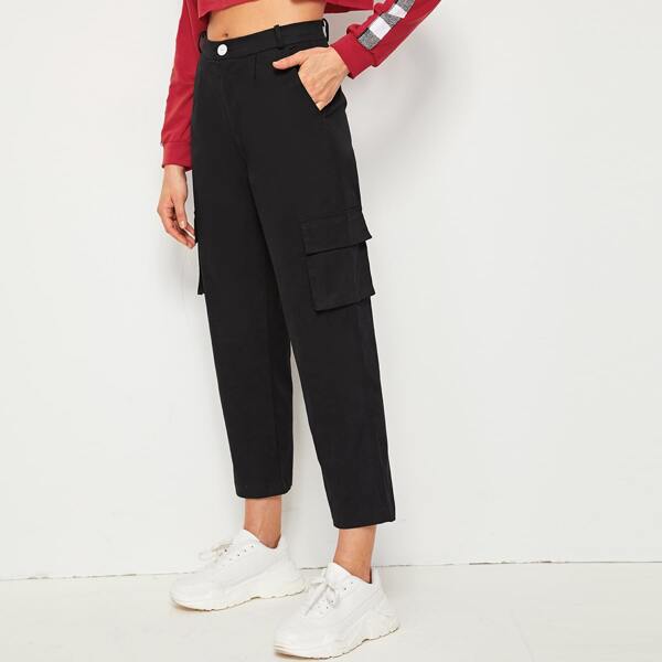 

Button Fly Pocket Side Cargo Pants, Black