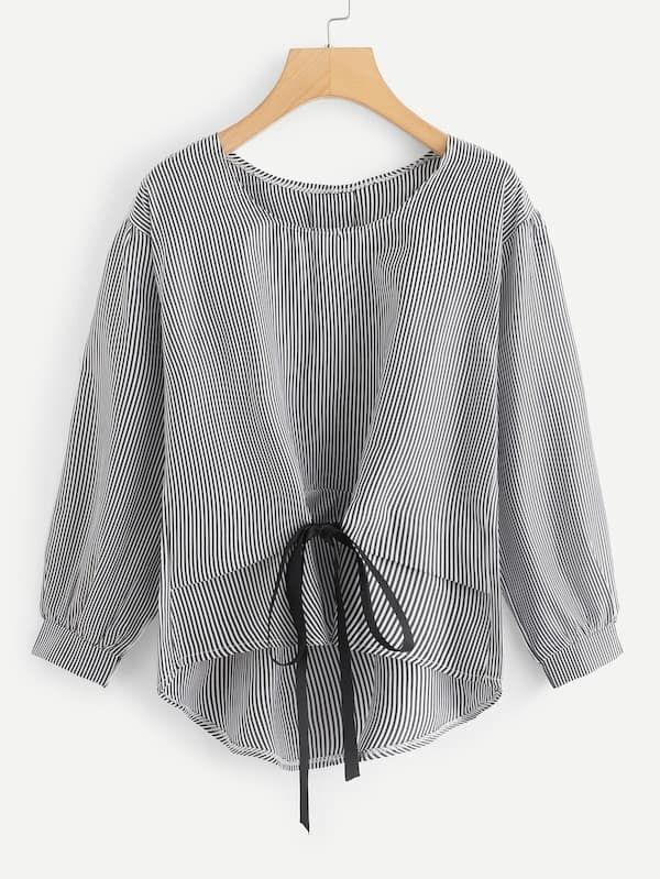 

Plus Vertical Striped Knot High Low Hem Blouse, Black and white