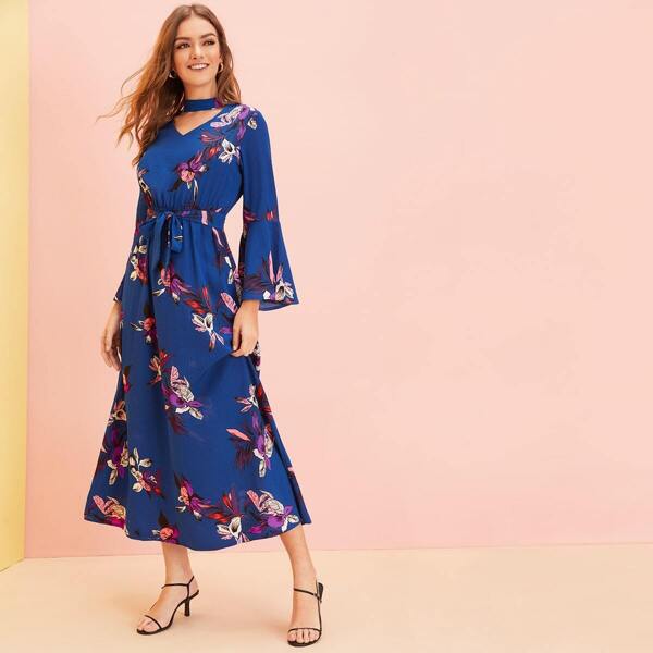 

Floral Print Choker Neck Belted Dress