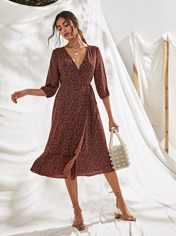 

Ditsy Floral Print Tie Side Wrap Dress, Red, Carol A