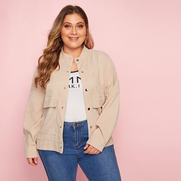 

Plus Solid Flap Pocket Front Corduroy Jacket, Beige