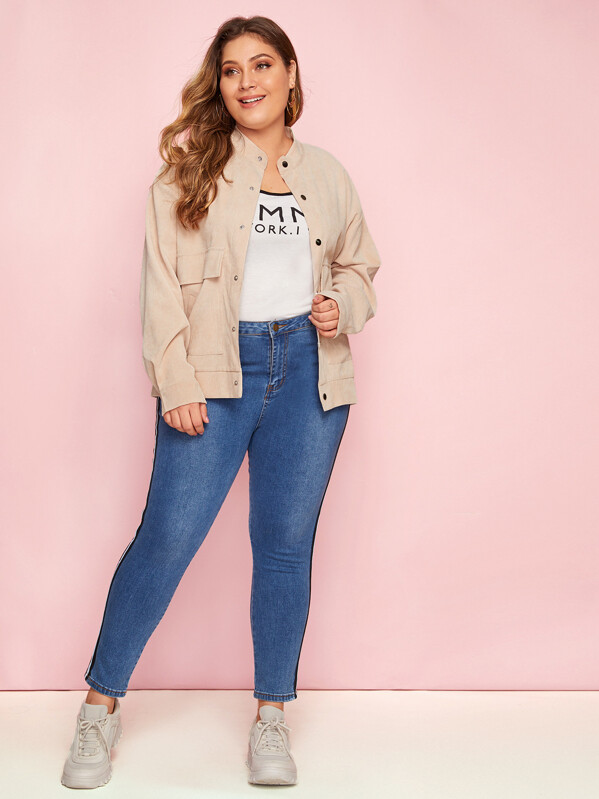

Plus Solid Flap Pocket Front Corduroy Jacket, Beige, Carol