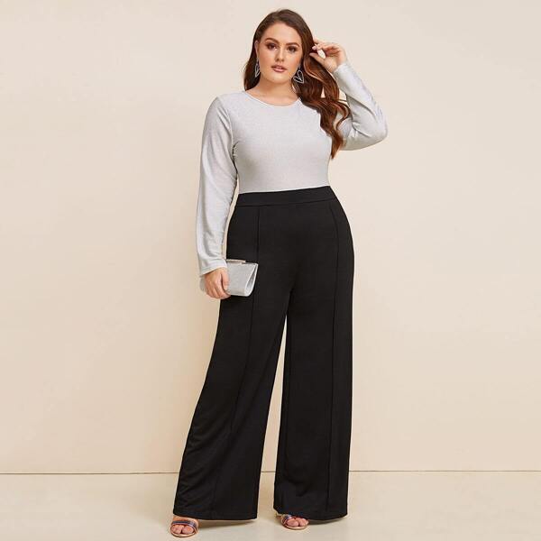 

Plus Two Tone Glitter Panel Wide Leg Jumpsuit, Multicolor