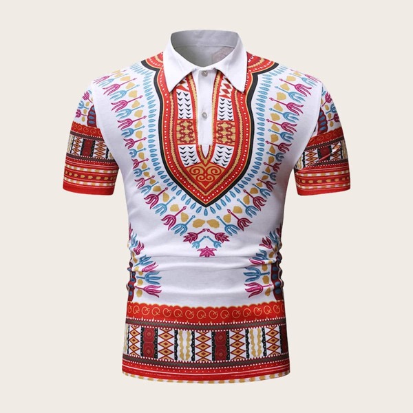

Men Half Placket Tribal Print Polo Shirt