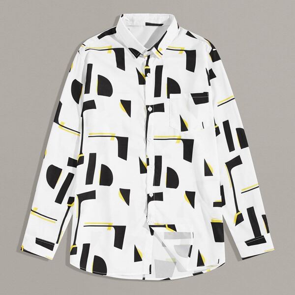 

Men Graphic Print Curved Hem Shirt, Black and white