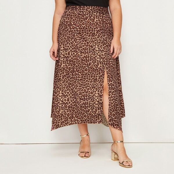 

Plus Leopard Print Slit Hem Skirt, Multicolor