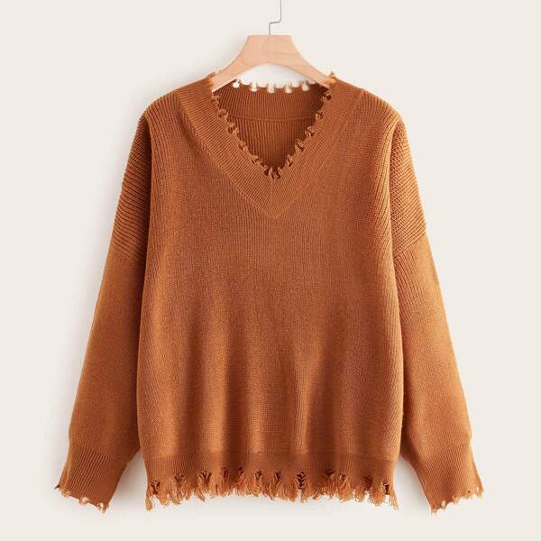 

Plus Solid V-neck Raw Hem Jumper, Brown