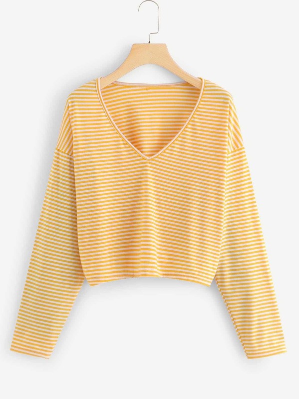 

Plus Striped V-neck Drop Shoulder Tee, Yellow