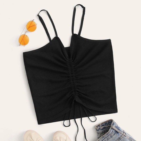 

Plus Solid Drawstring Front Cami Knit Top, Black