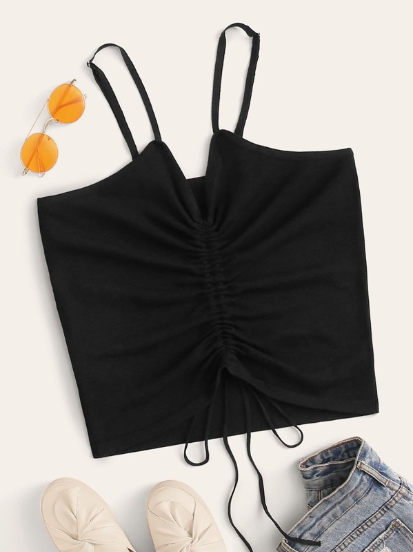 

Plus Solid Drawstring Front Cami Knit Top, Black