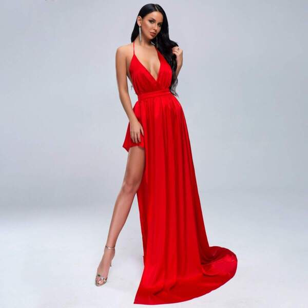 

Missord Asymmetrical Hem Backless Floor Length Dress, Red bright