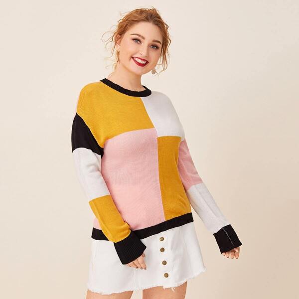 

Plus Drop Shoulder Color-block Sweater, Multicolor