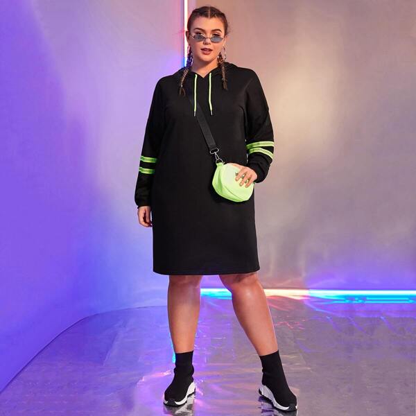 

Plus Neon Tape Drawstring Hooded Sweatshirt Dress Without Bag, Black