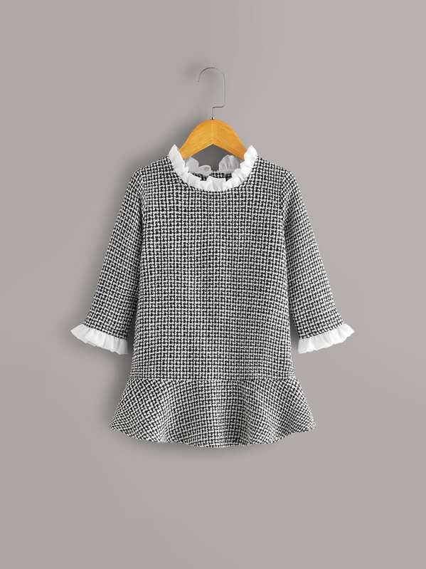 

Toddler Girls Tweed Frill Trim Ruffle Hem Dress, Black and white