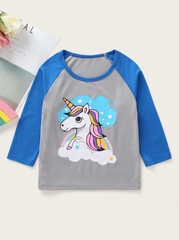 

Toddler Girls Contrast Raglan Sleeve Unicorn Tee, Multicolor