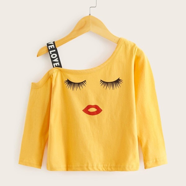 

Toddler Girls Asymmetrical Neck Letter Tape Tee