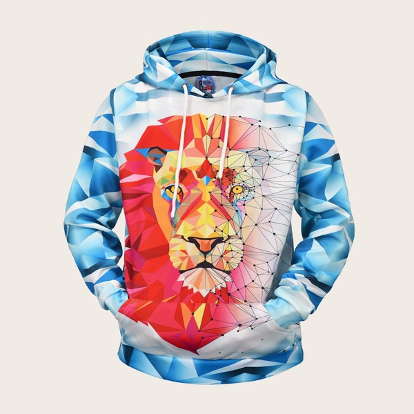 

Men Geometric Lion Print Drawstring Hoodie, Multicolor