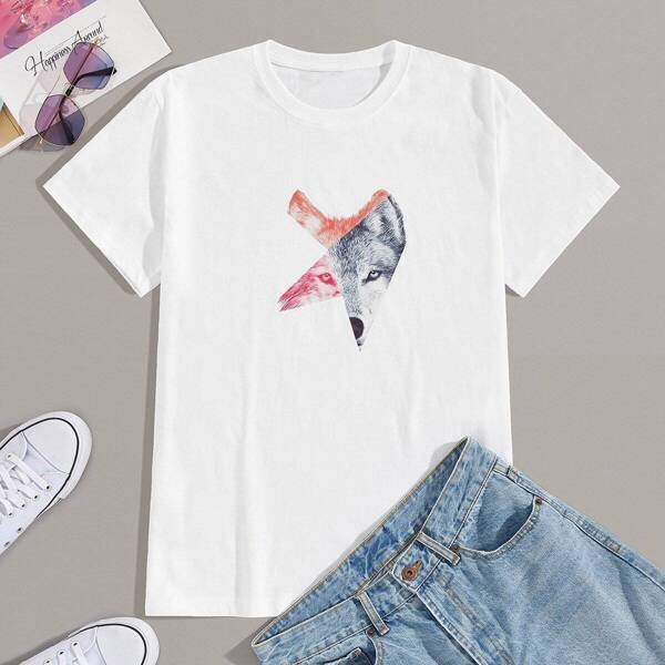 

Men Wolf Print Short Sleeve Tee, White