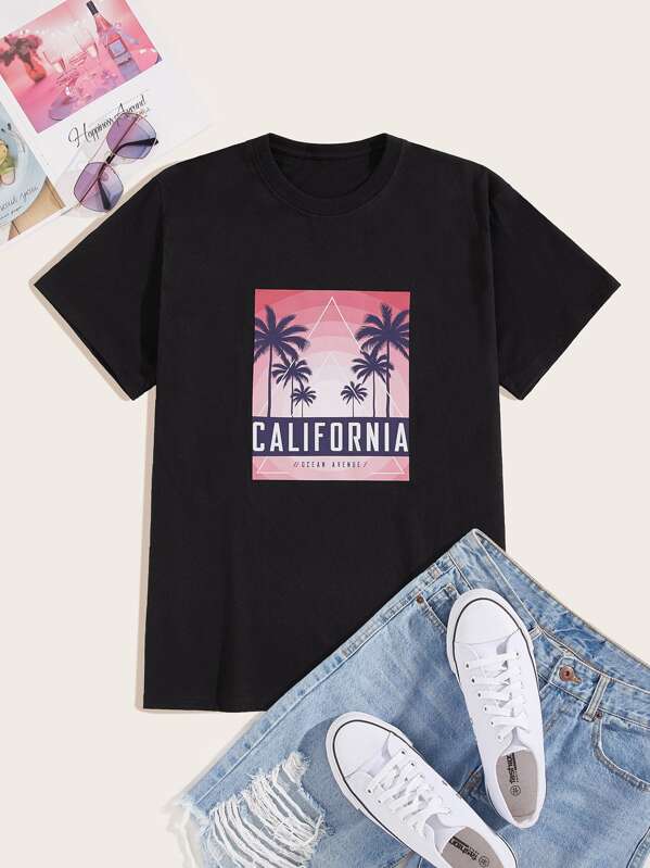 

Men Letter And Tropical Print Tee, Black