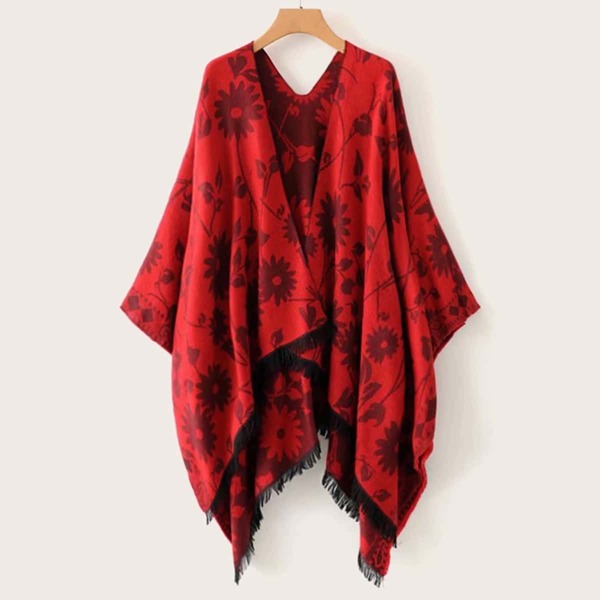 

Floral Print Fringe Hem Poncho Cardigan