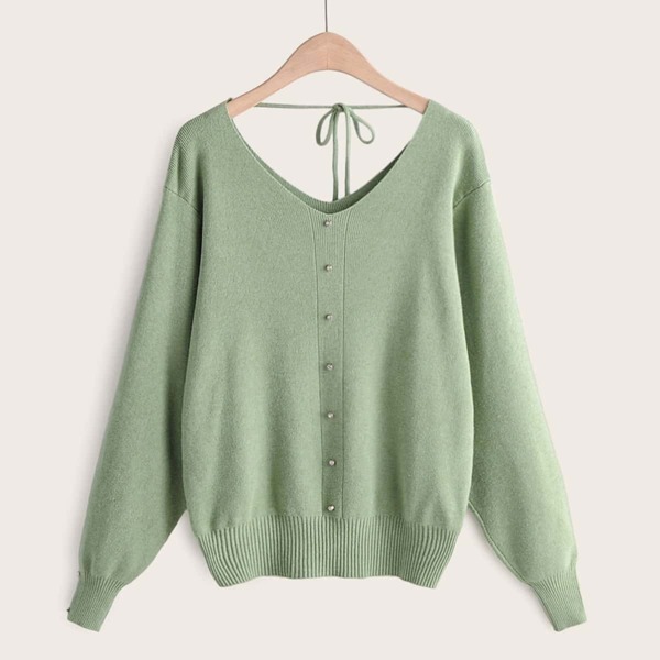 

V-neck Rhinestone Front Knot Sweater