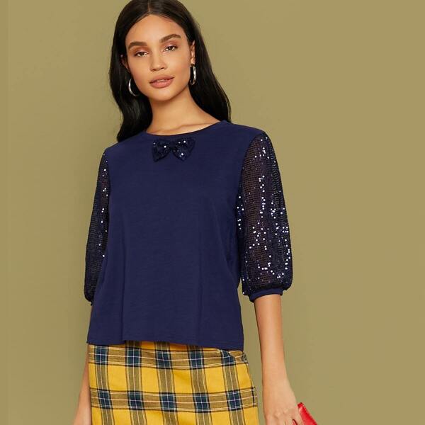 

Contrast Sequin Bow Detail Top, Navy