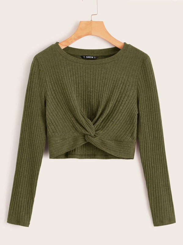 

Twist Hem Rib-knit Tee, Army green