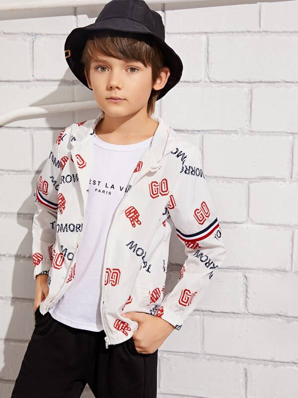 

Boys Zip Up Striped Sleeve Letter Print Jacket, White, Bogdan