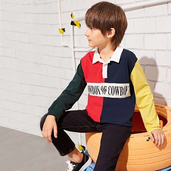

Boys Contrast Collar Slogan Print Colorblock Polo Shirt, Multicolor