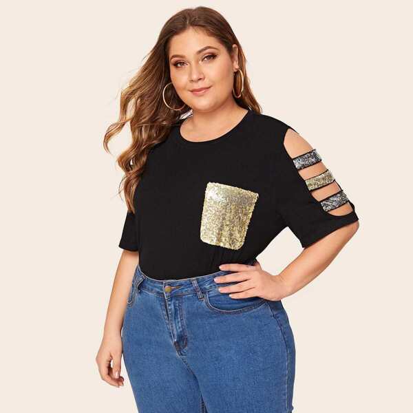 

Plus Contrast Sequin Cutout Sleeve Top, Black