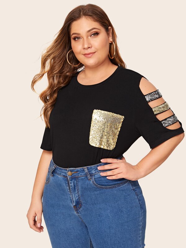 

Plus Contrast Sequin Cutout Sleeve Top, Black, Carol