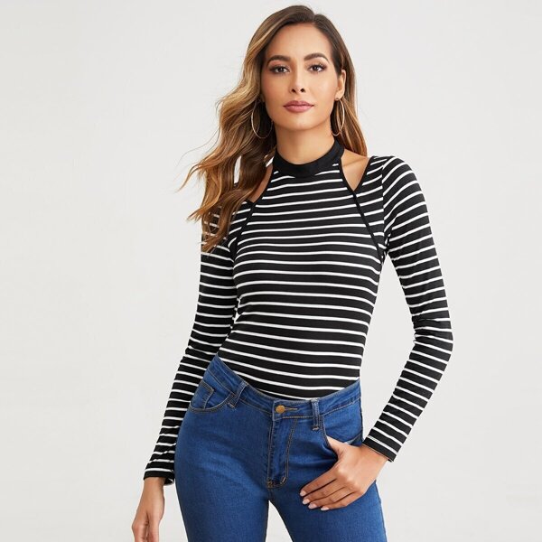 

Cutout Front Striped Fitted Halter Tee