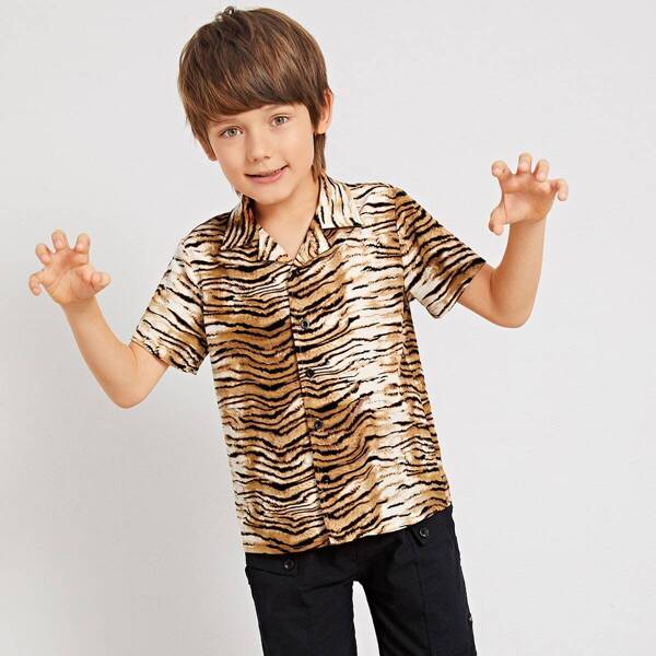 

Boys Notch Collar Tiger Print Shirt, Multicolor