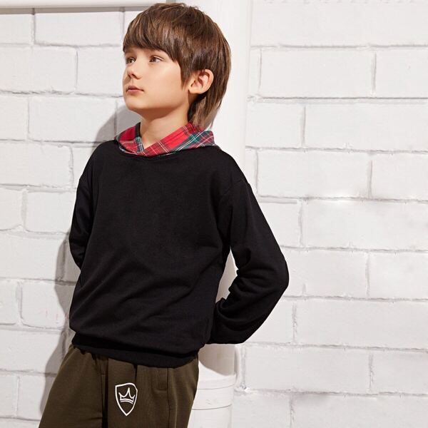 

Boys Drop Shoulder Plaid Hoodie, Black